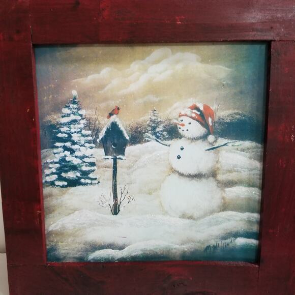 Rustic framed in dark red wood signed print of a snowman - Picture 2 of 8